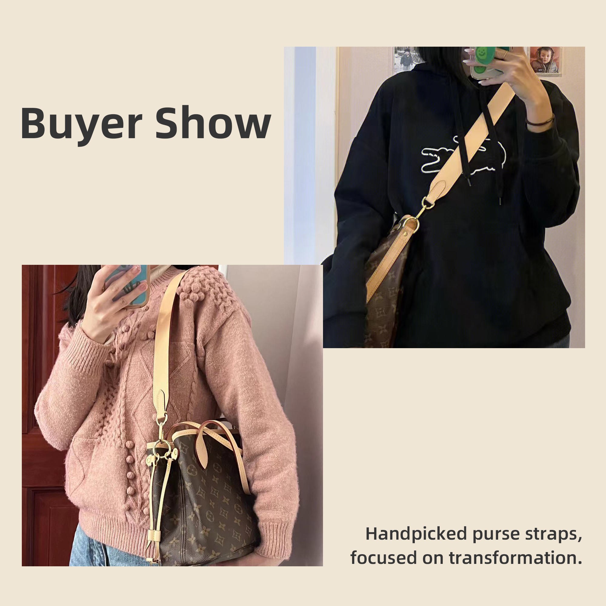 DGAZ Vachetta Leather Crossbody Strap for LV Neverfull Bag with Gift B DGAZ Vachetta Leather Crossbody Strap for LV Neverfull Bag with Gift B
